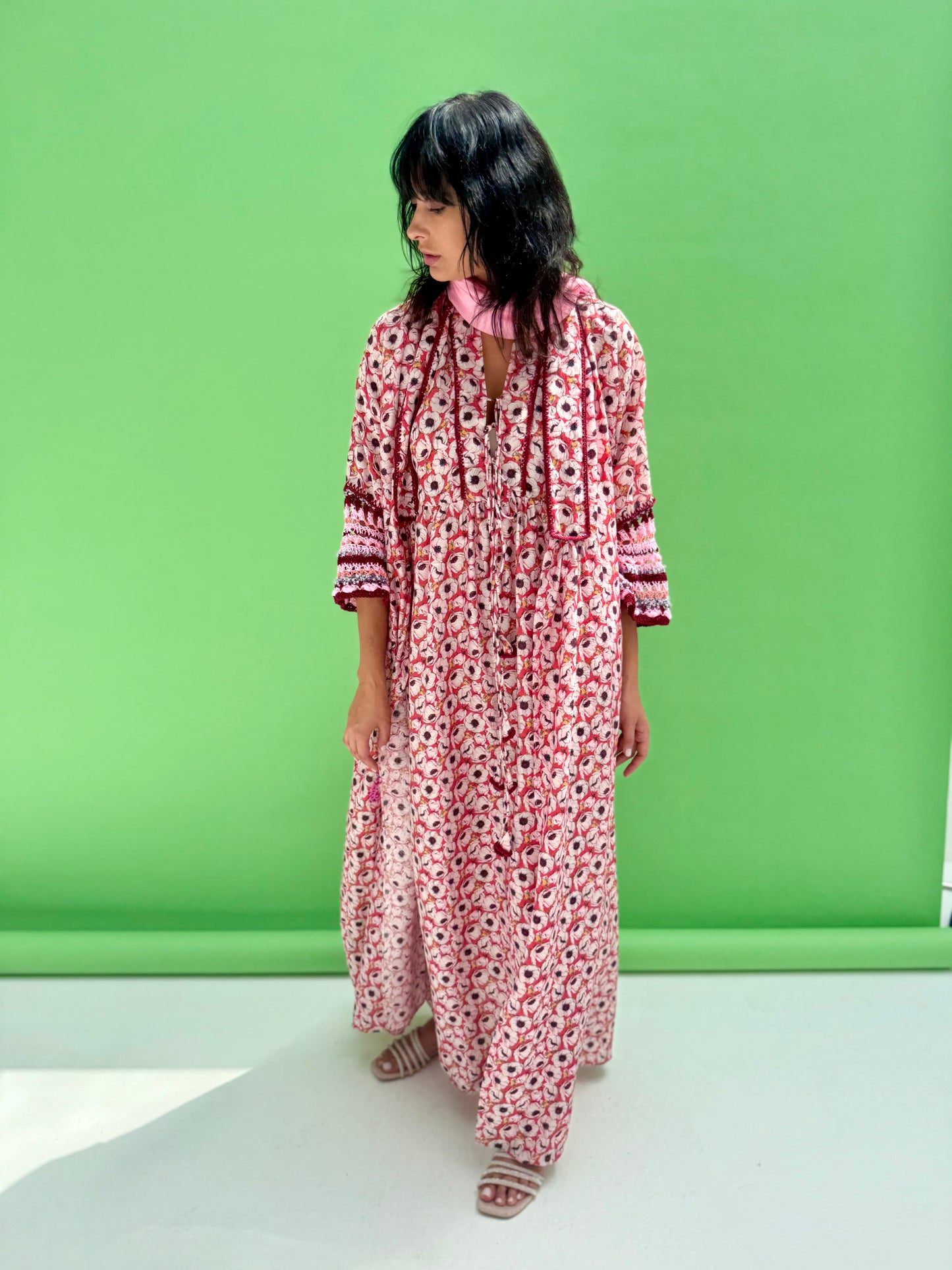 Daisy Drop 2  - floral print abaya set with handmade crochet sleeves