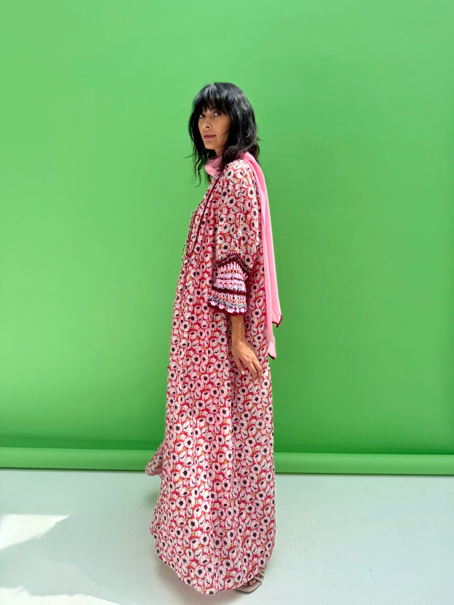 Daisy Drop 2  - floral print abaya set with handmade crochet sleeves
