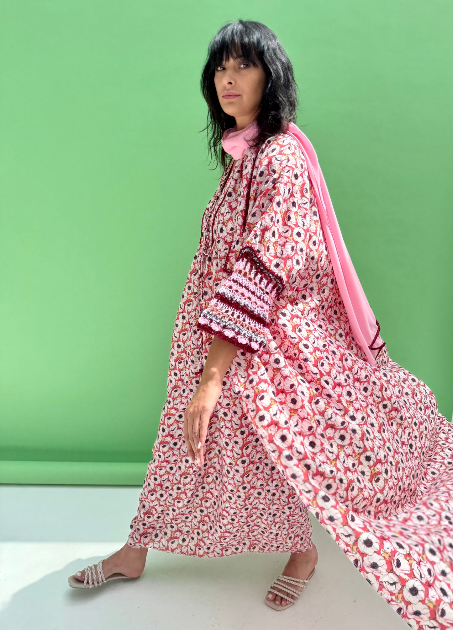 Daisy Drop 2  - floral print abaya set with handmade crochet sleeves