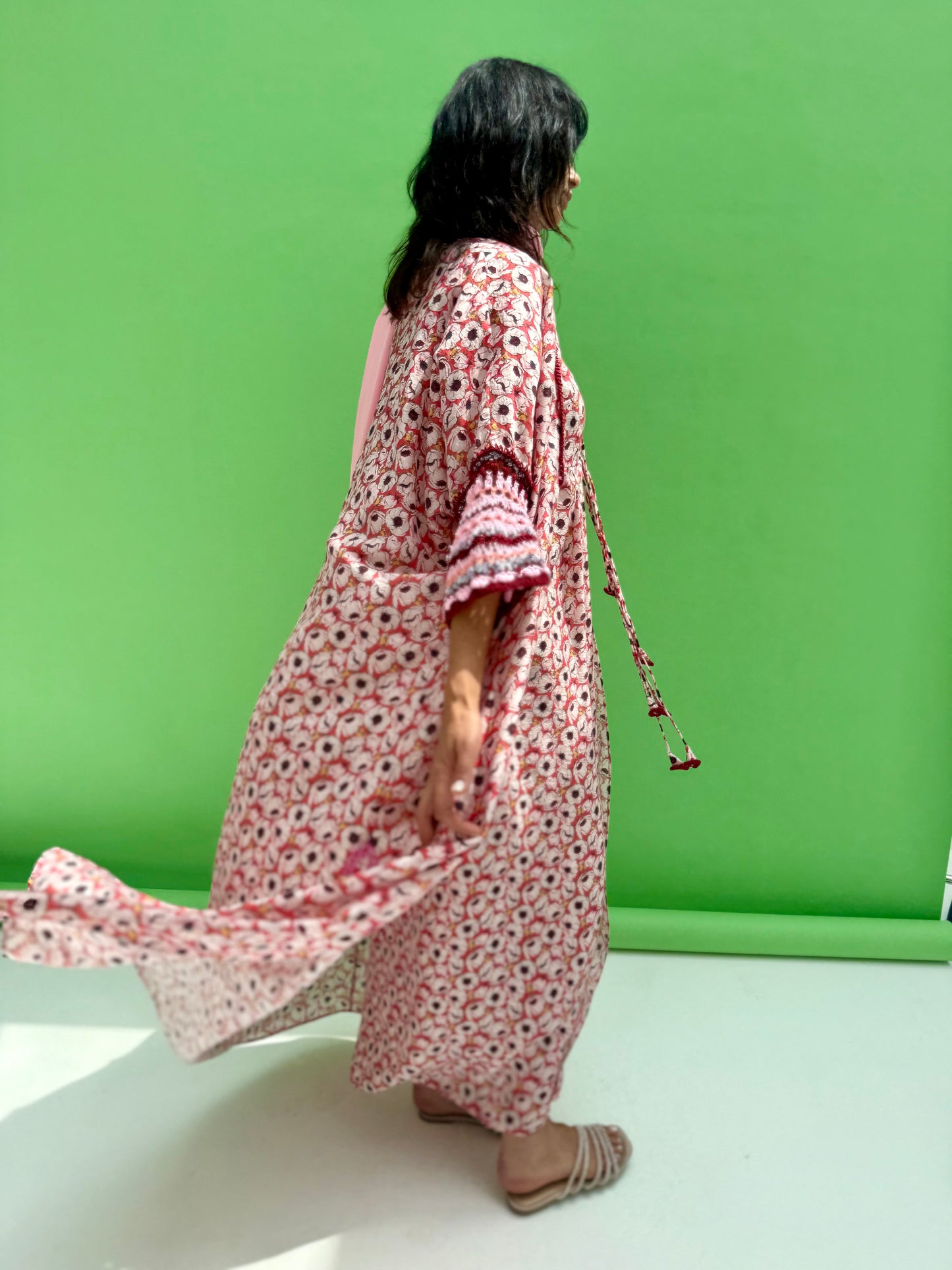 Daisy Drop 2  - floral print abaya set with handmade crochet sleeves