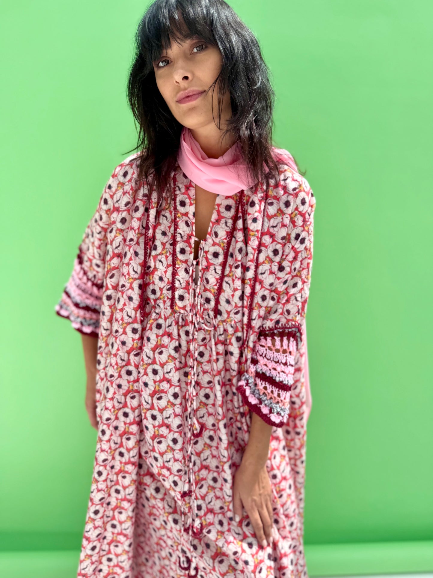 Daisy Drop 2  - floral print abaya set with handmade crochet sleeves