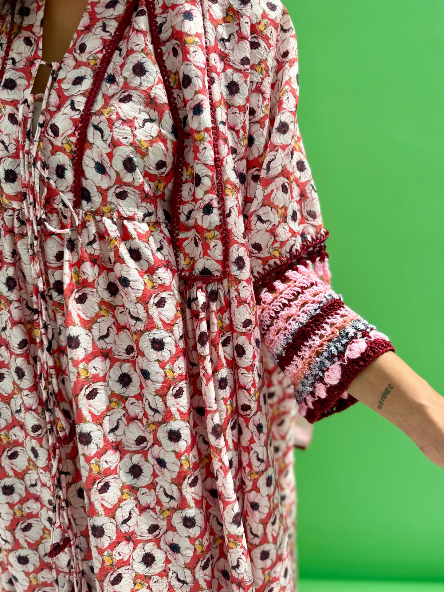 Daisy Drop 2  - floral print abaya set with handmade crochet sleeves