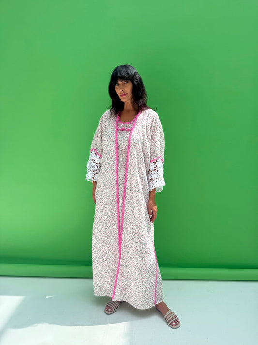Daisy Drop 2 - floral print abaya set with handmade crochet sleeves
