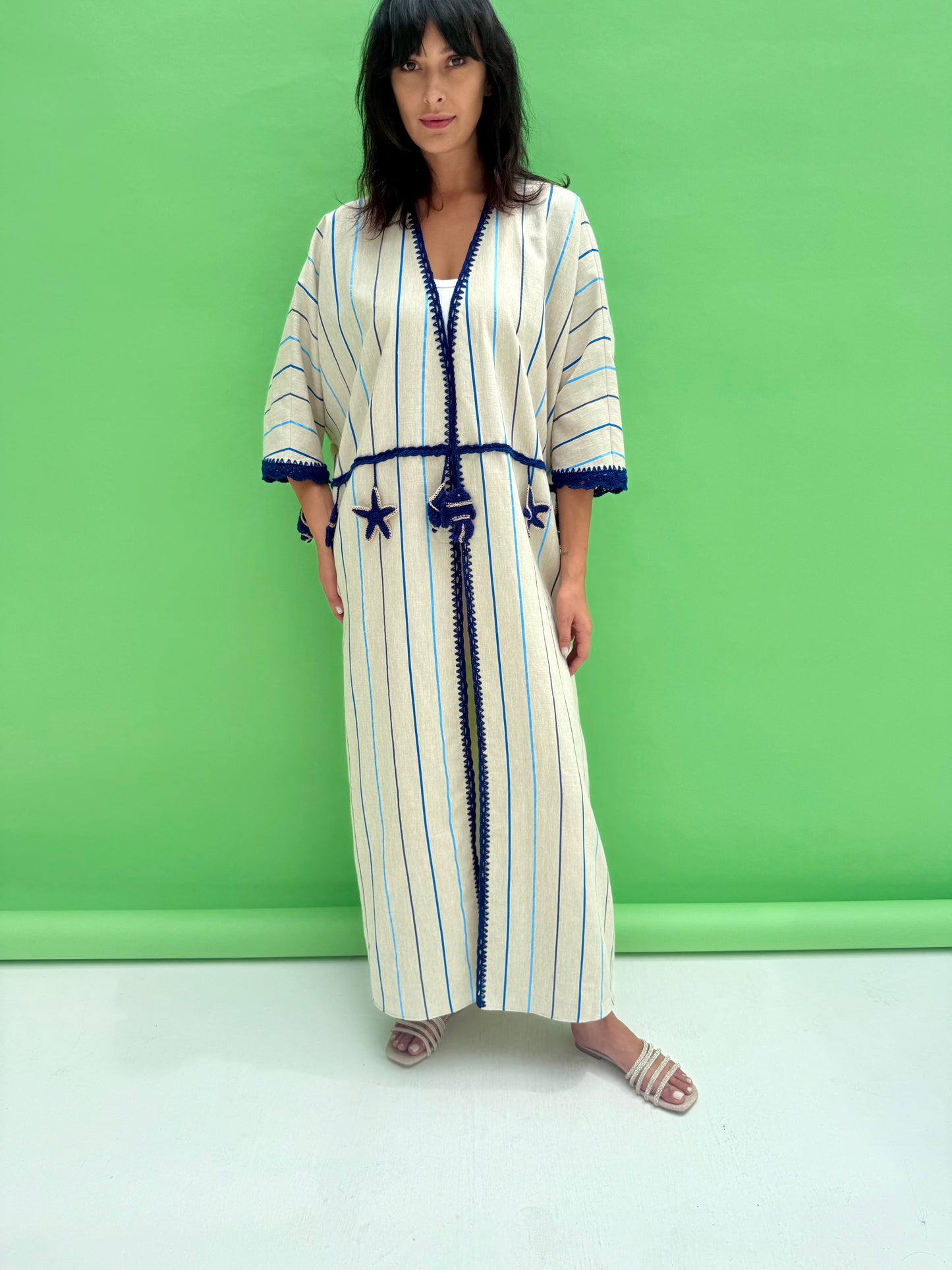 Seaworld Drop- Oatmeal linen abaya with blue handmade crochet