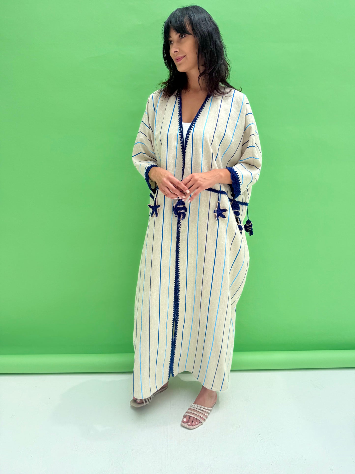 Seaworld Drop- Oatmeal linen abaya with blue handmade crochet
