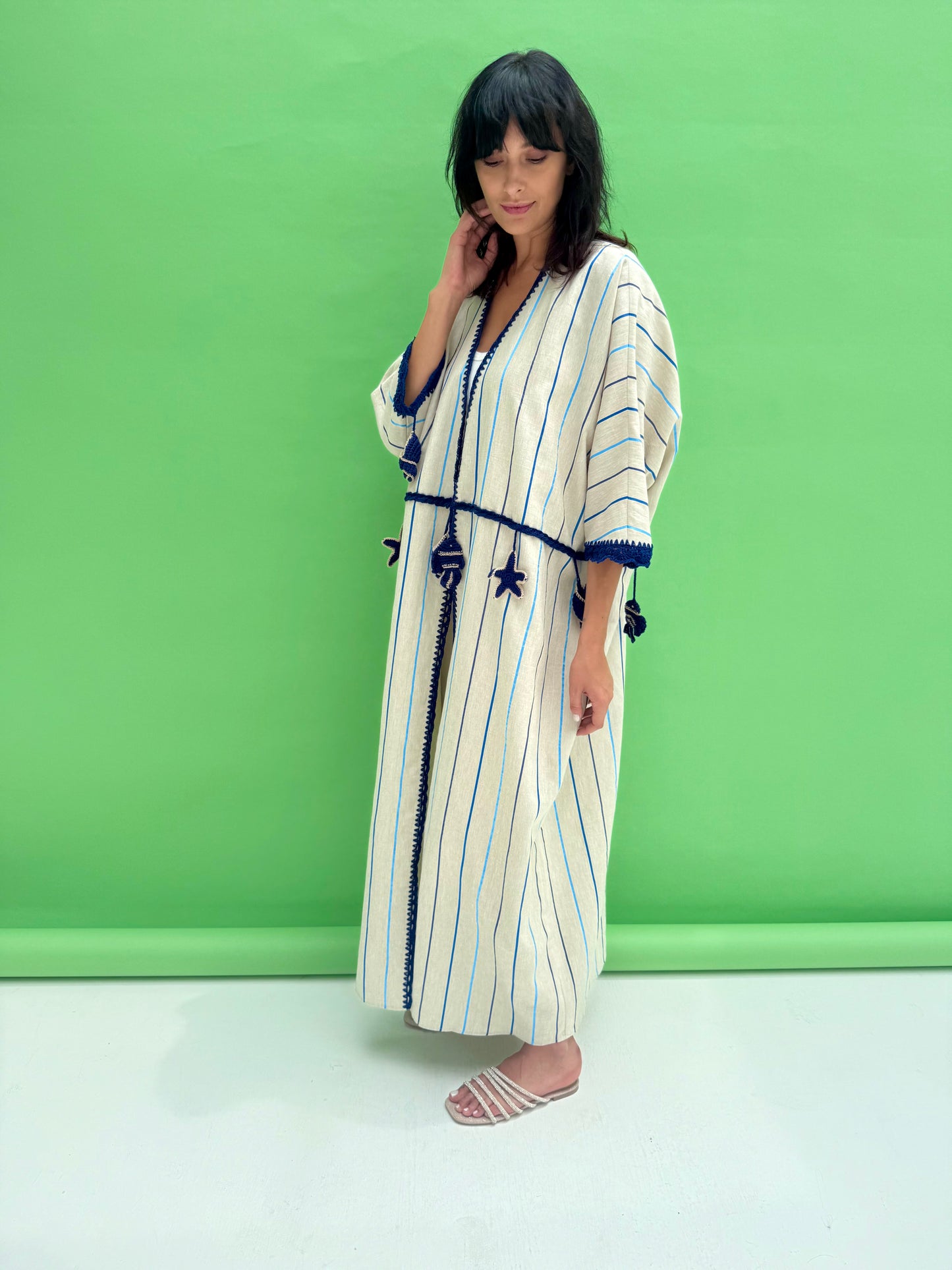 Seaworld Drop- Oatmeal linen abaya with blue handmade crochet