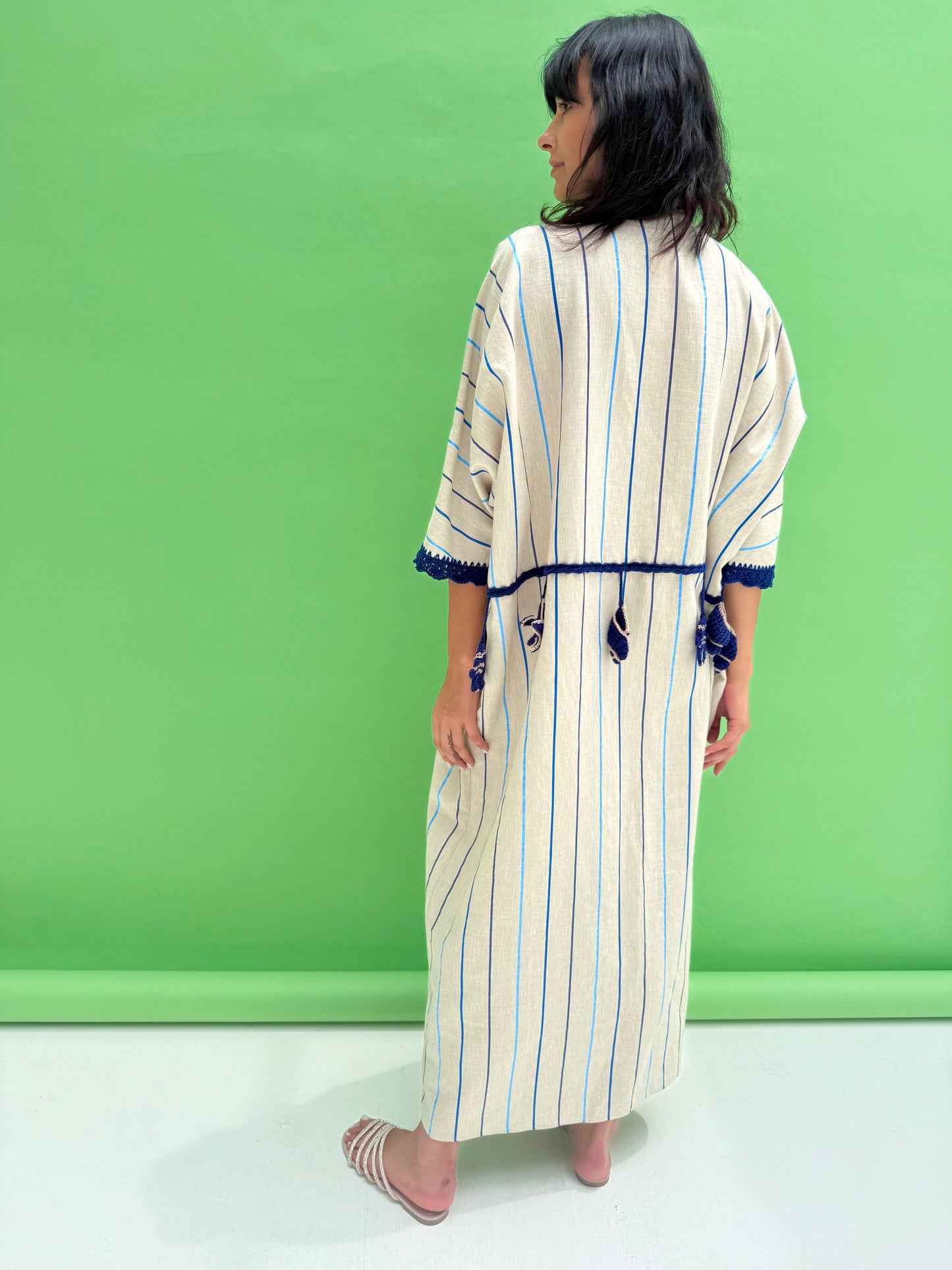 Seaworld Drop- Oatmeal linen abaya with blue handmade crochet