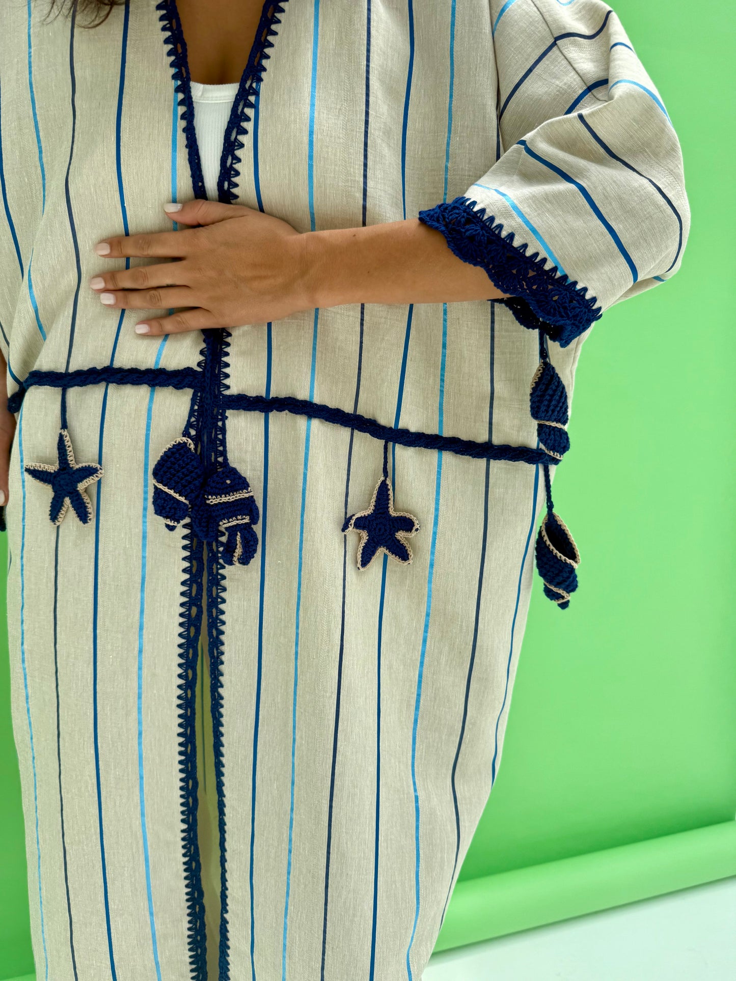 Seaworld Drop- Oatmeal linen abaya with blue handmade crochet