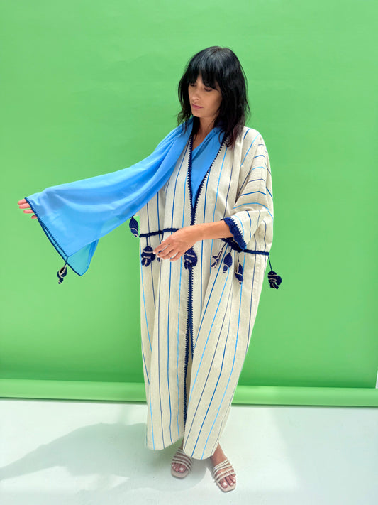 Seaworld Drop- Oatmeal linen abaya with blue handmade crochet