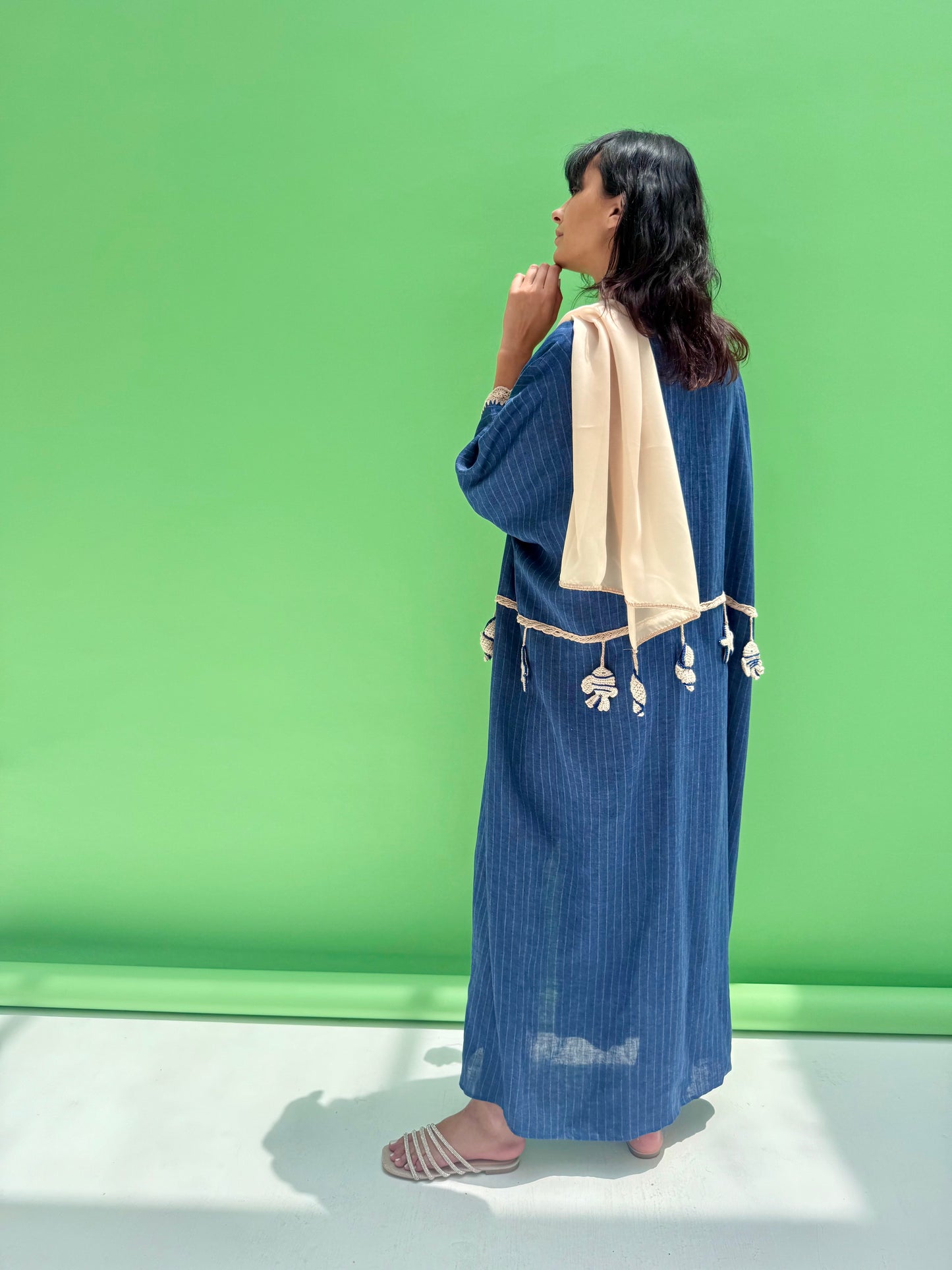 Seaworld Drop - Denim linen abaya with handmade crochet