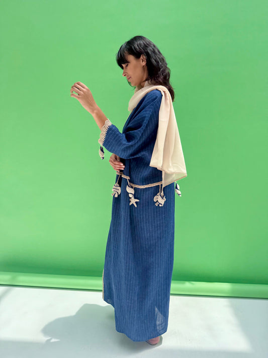 Seaworld Drop - Denim linen abaya with handmade crochet