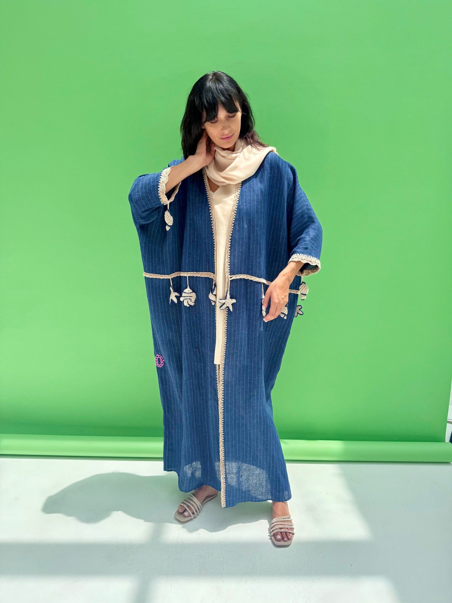 Seaworld Drop - Denim linen abaya with handmade crochet