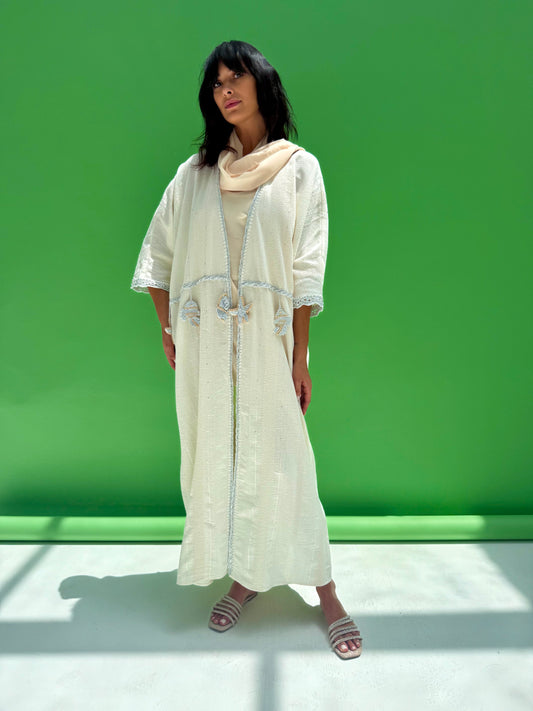 Seaworld Drop - White linen abaya with handmade crochet
