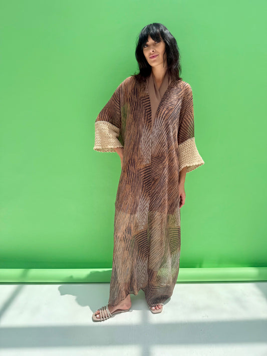 Seaworld Drop - Brown Linen abaya with handmade crochet