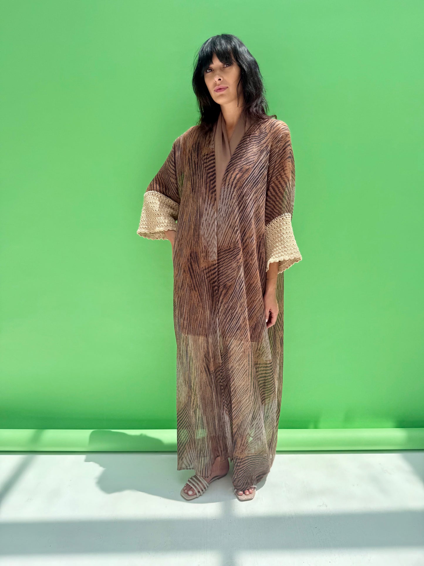 Seaworld Drop - Brown Linen abaya with handmade crochet