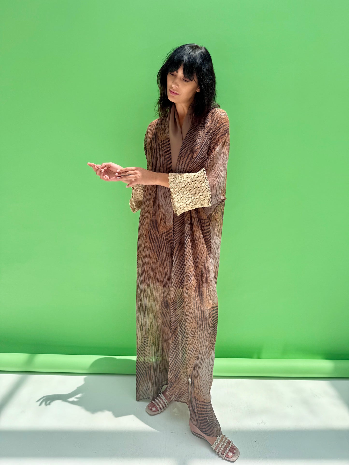 Seaworld Drop - Brown Linen abaya with handmade crochet