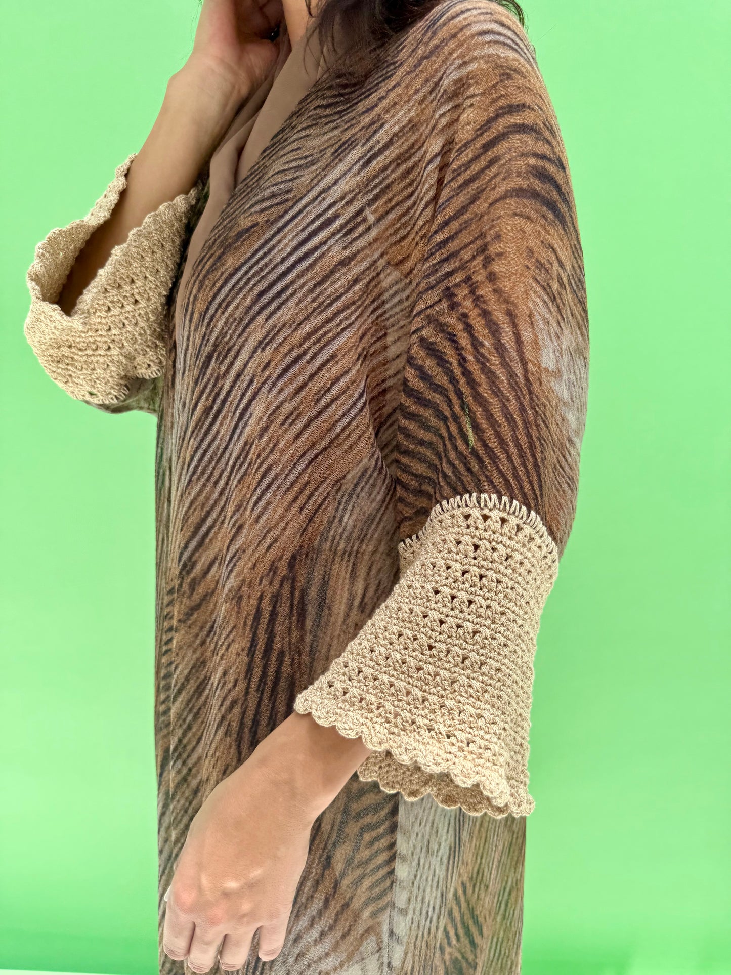Seaworld Drop - Brown Linen abaya with handmade crochet