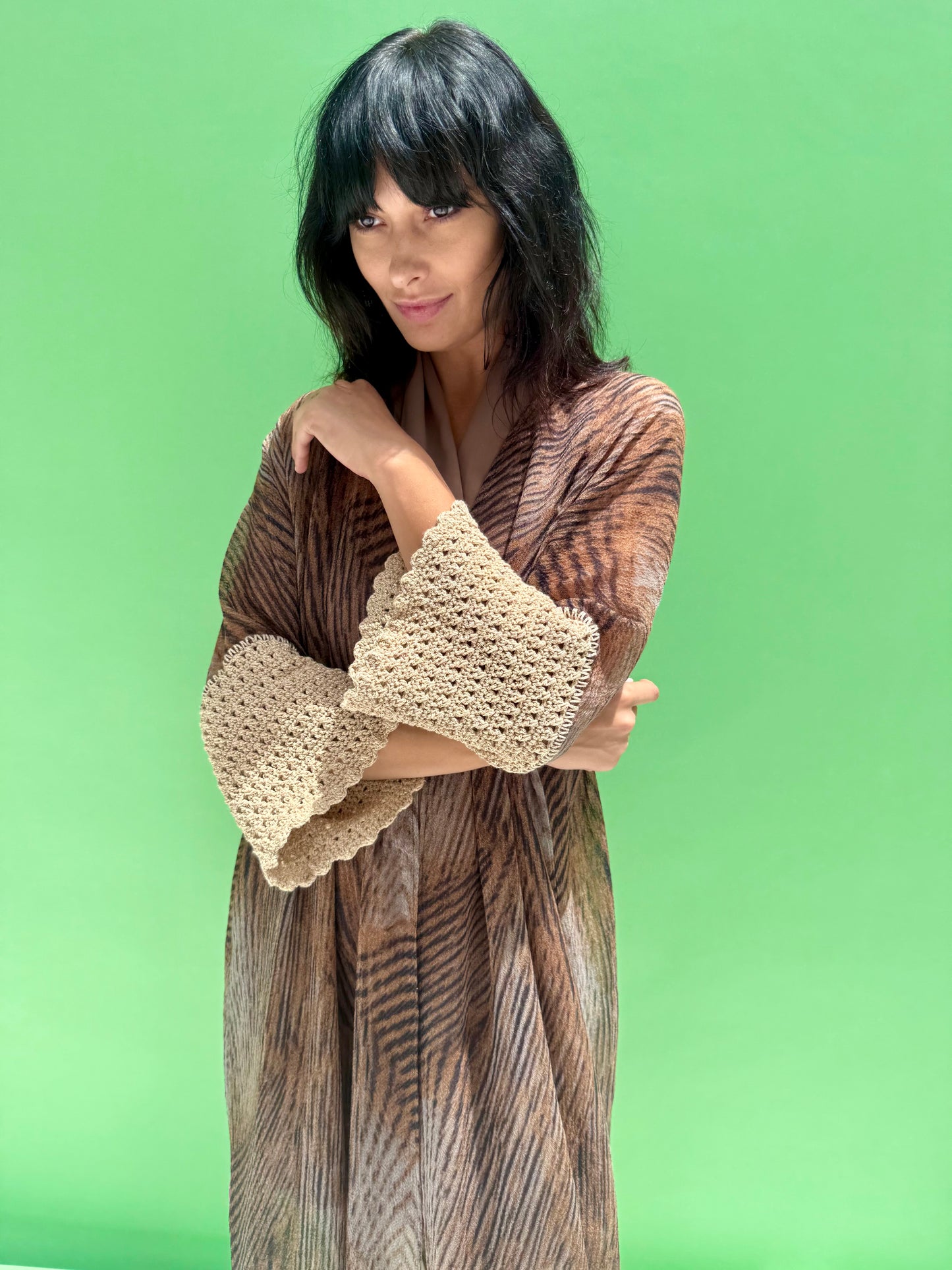 Seaworld Drop - Brown Linen abaya with handmade crochet