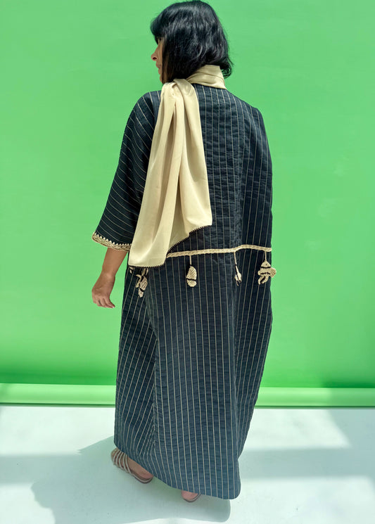 Seaworld Drop - Black Linen abaya with handmade crochet