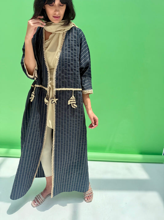 Seaworld Drop - Black Linen abaya with handmade crochet