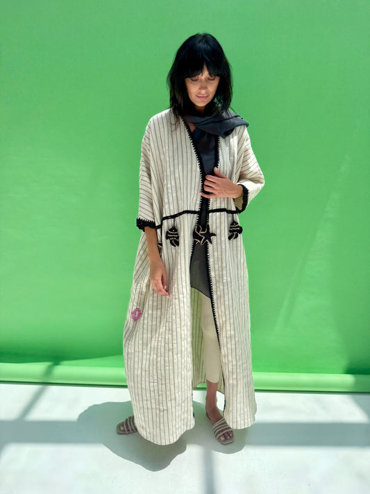 Seaworld Drop - Oatmeal striped linen abaya with handmade crochet