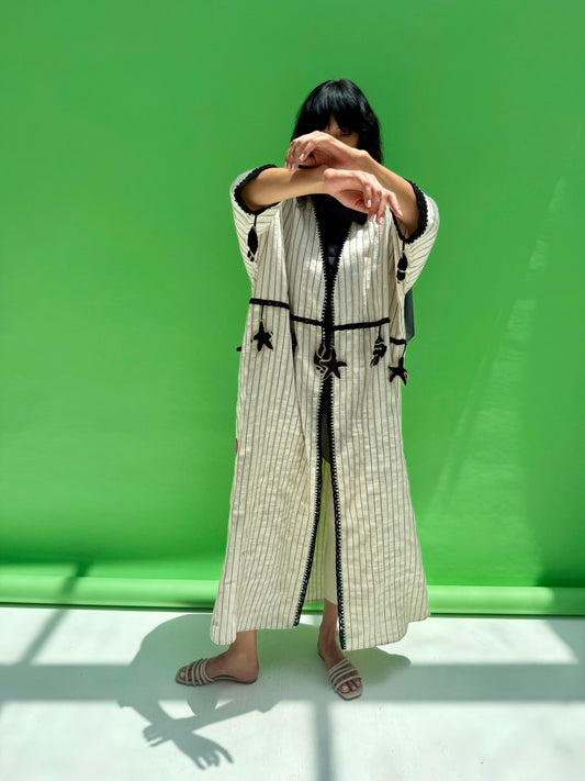 Seaworld Drop - Oatmeal striped linen abaya with handmade crochet
