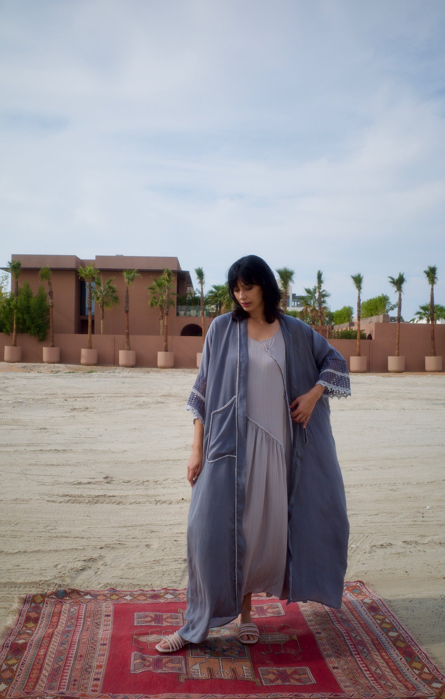 Silk abaya set with handmade crochet sleeves - Grey