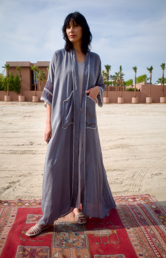 Silk abaya set with handmade crochet sleeves - Grey
