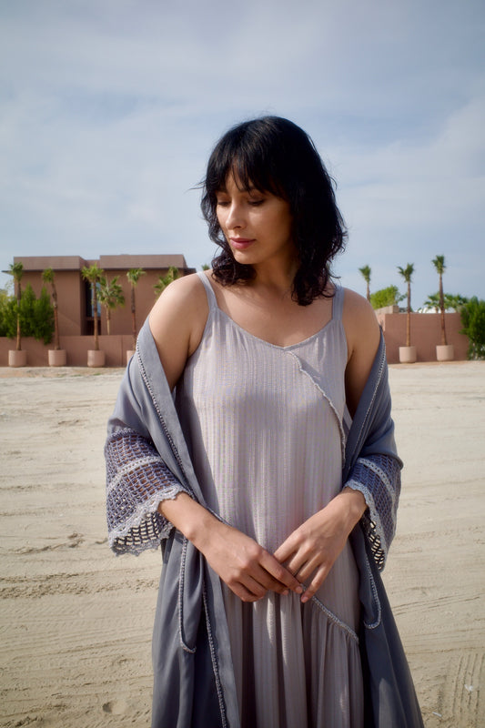 Silk abaya set with handmade crochet sleeves - Grey