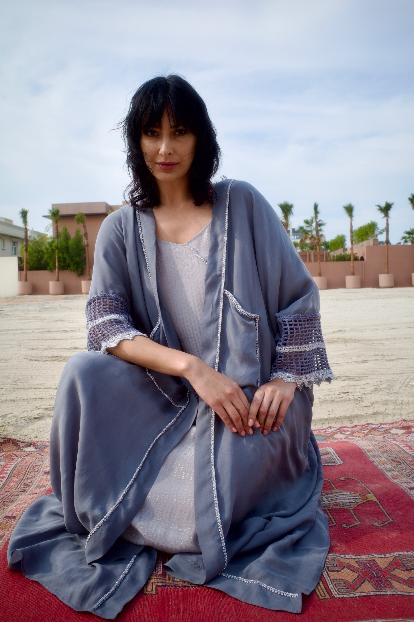Silk abaya set with handmade crochet sleeves - Grey