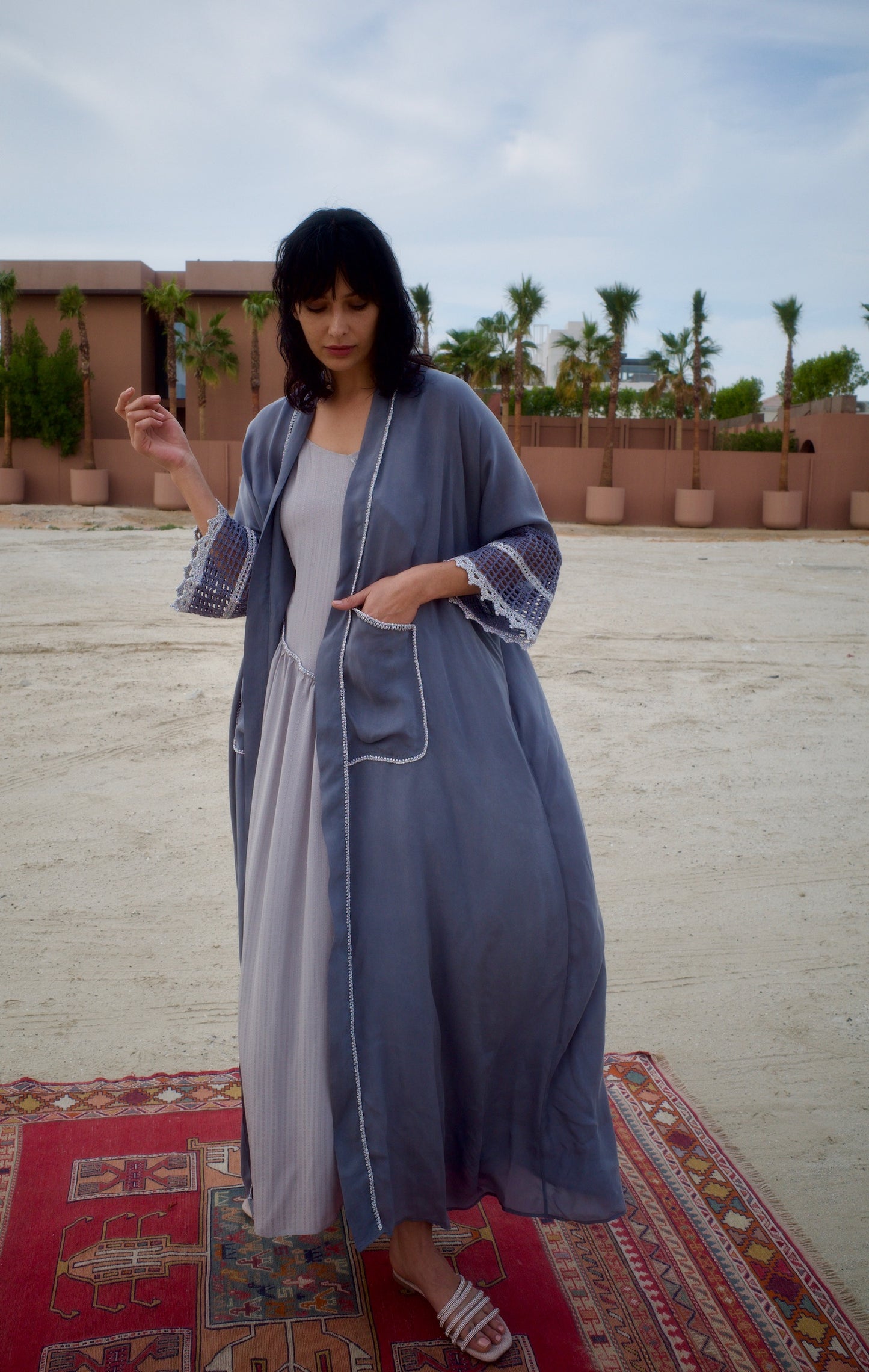 Silk abaya set with handmade crochet sleeves - Grey
