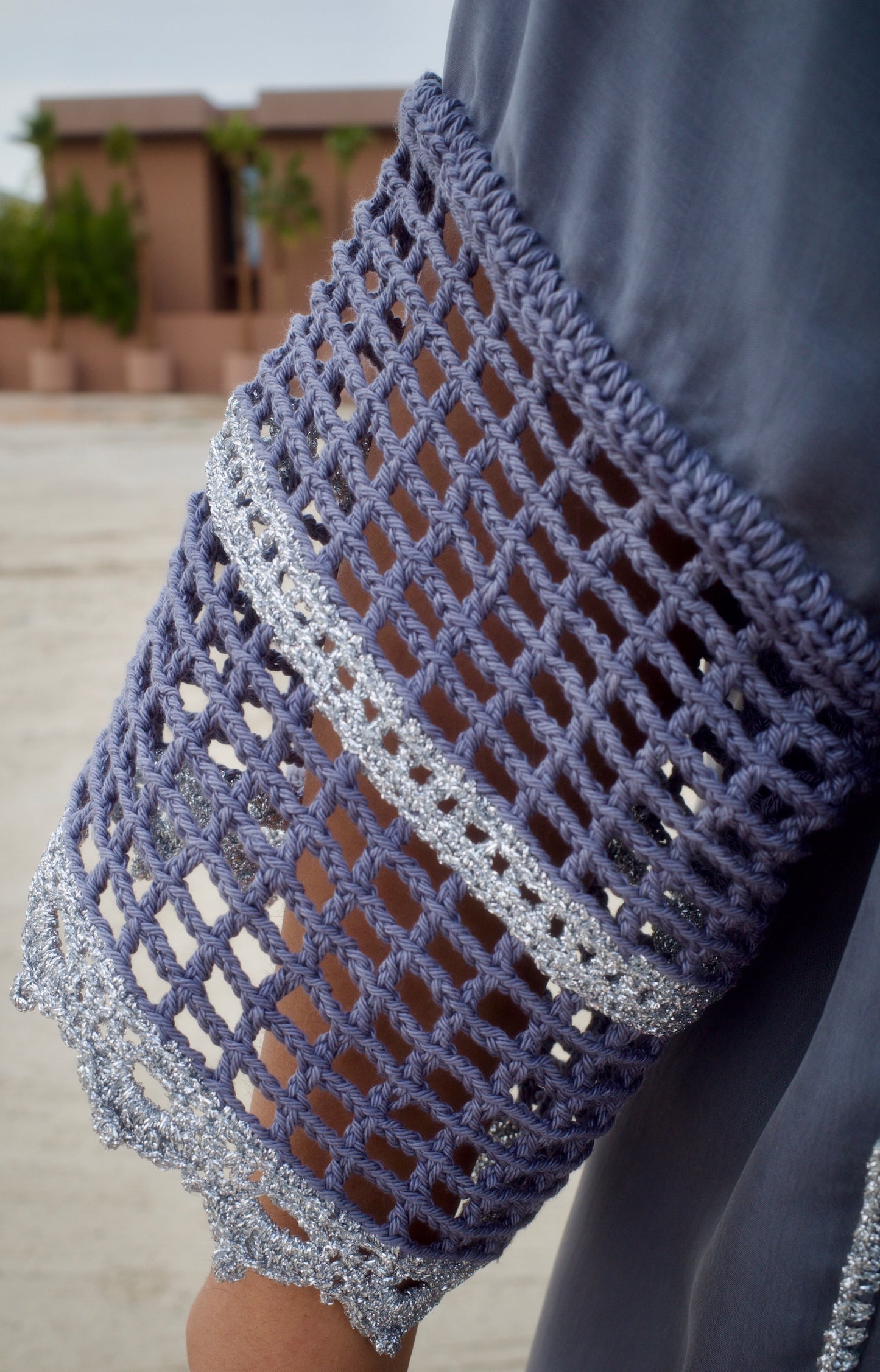 Silk abaya set with handmade crochet sleeves - Grey