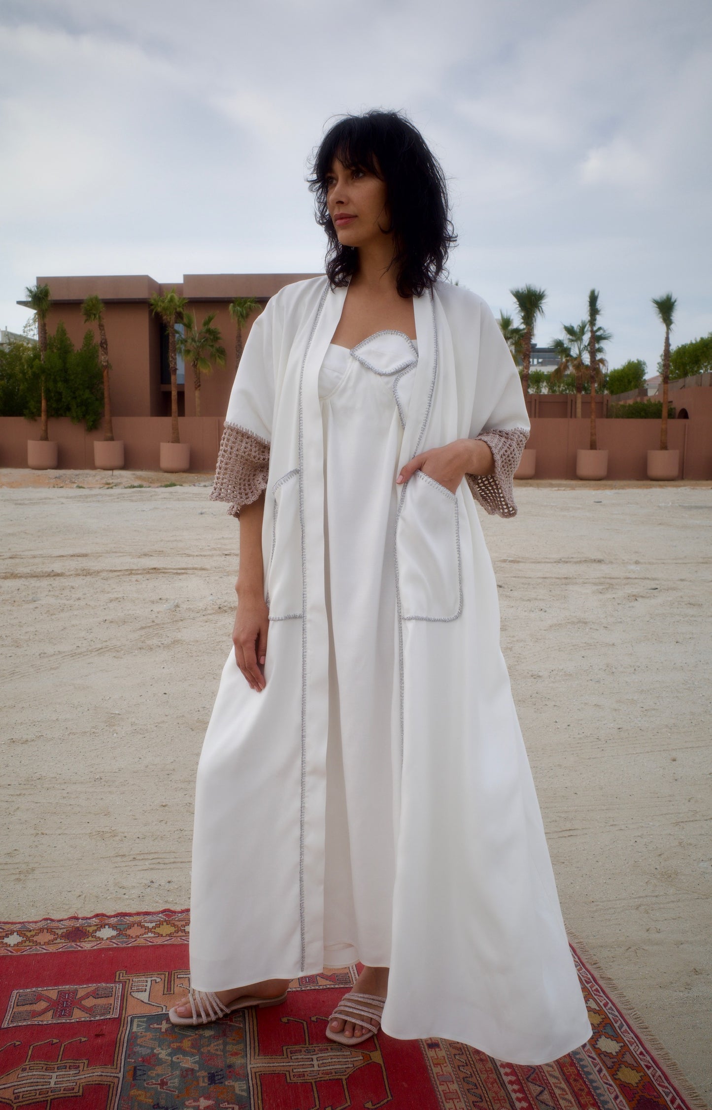 Silk jacquard abaya set with handmade crochet sleeves - White