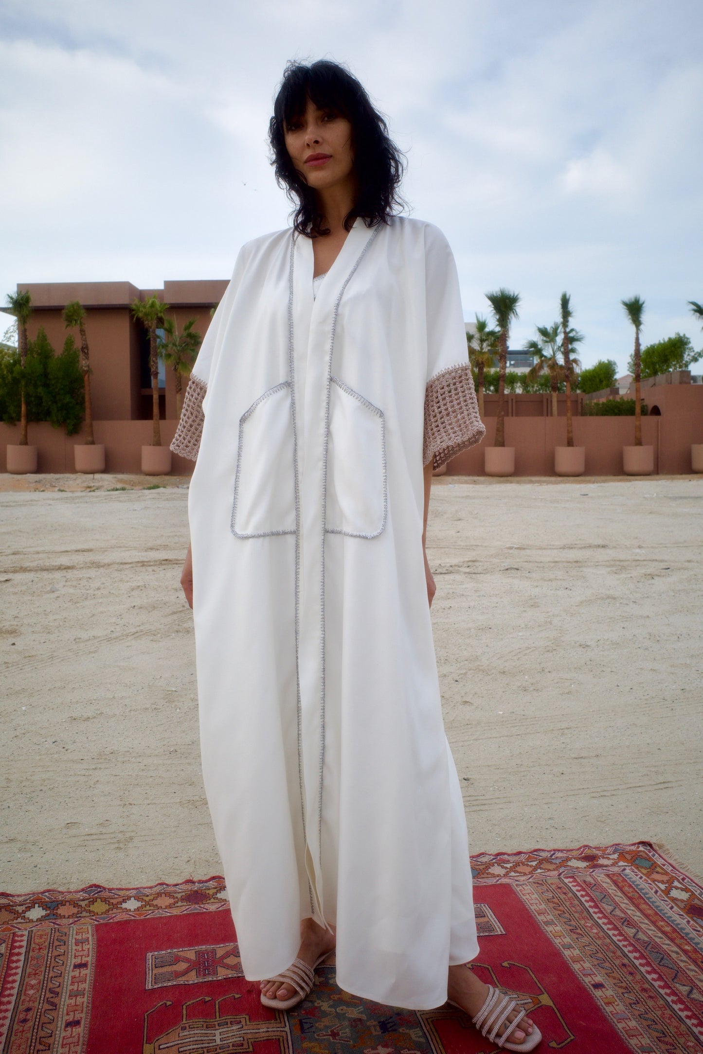 Silk jacquard abaya set with handmade crochet sleeves - White