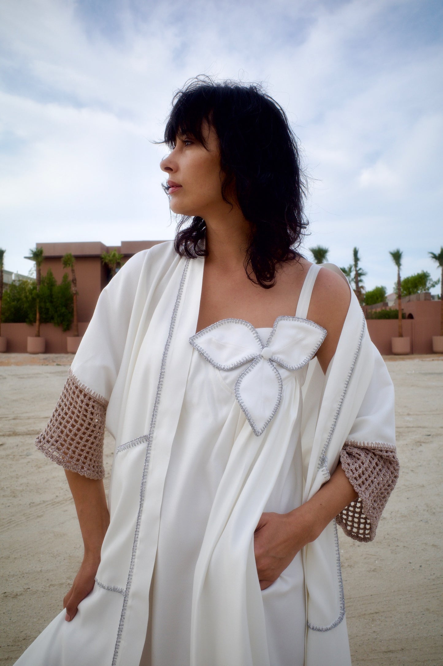 Silk jacquard abaya set with handmade crochet sleeves - White