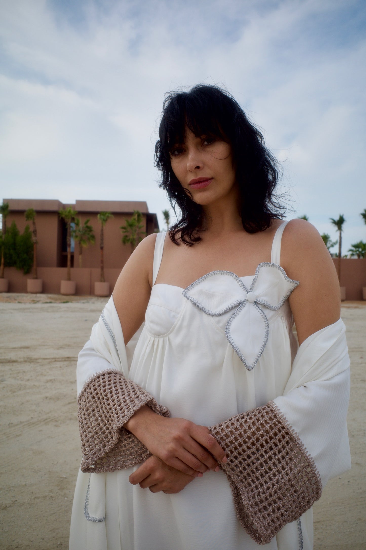 Silk jacquard abaya set with handmade crochet sleeves - White