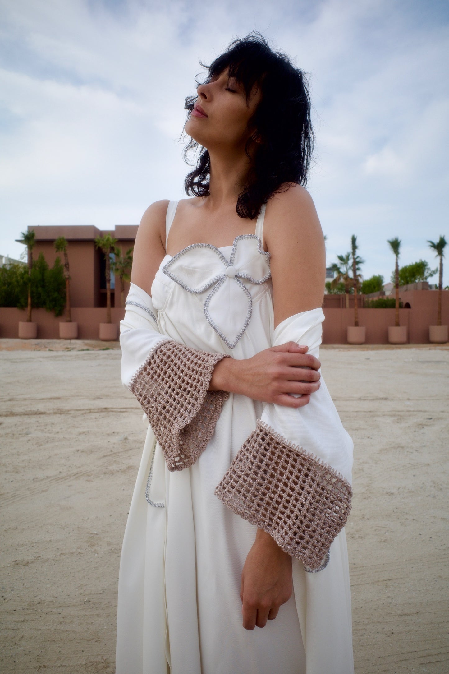 Silk jacquard abaya set with handmade crochet sleeves - White
