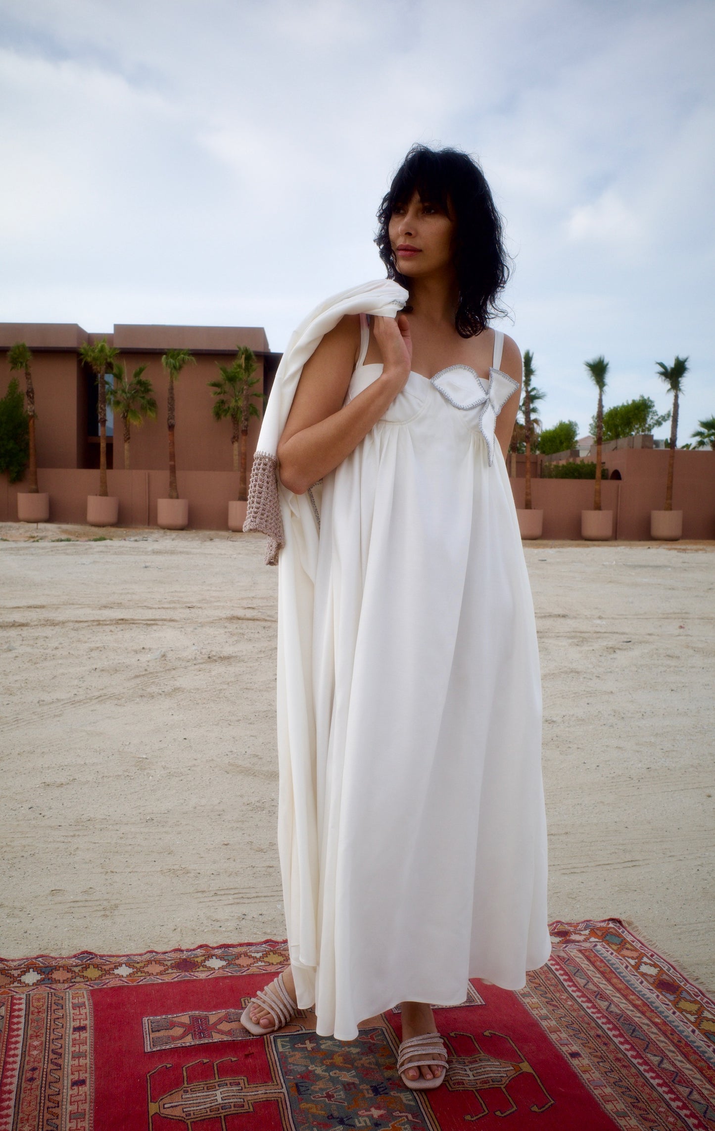 Silk jacquard abaya set with handmade crochet sleeves - White
