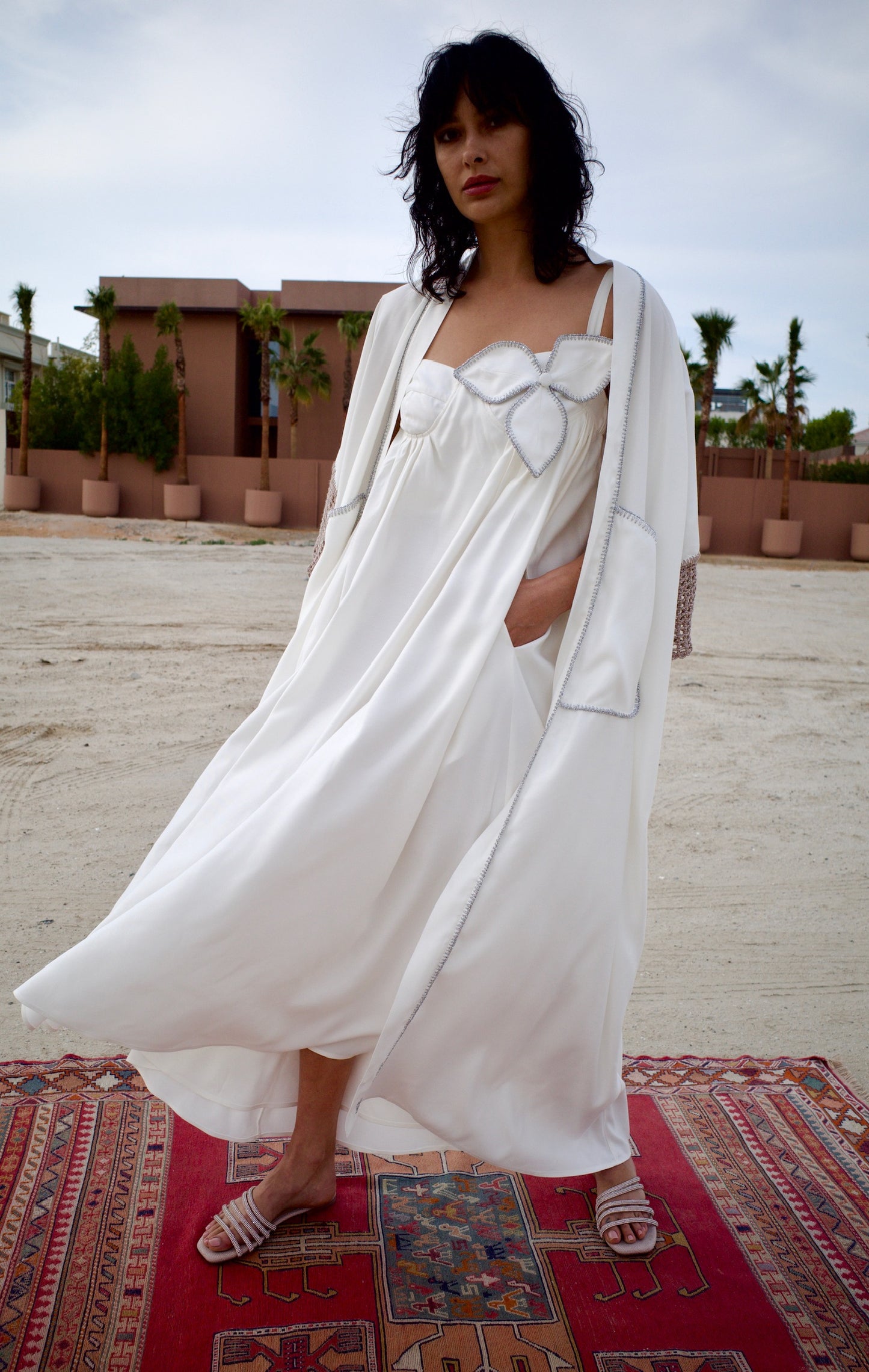 Silk jacquard abaya set with handmade crochet sleeves - White