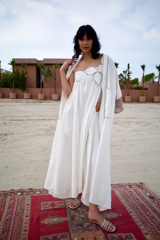 Silk jacquard abaya set with handmade crochet sleeves - White
