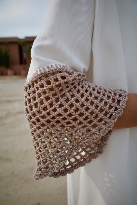 Silk jacquard abaya set with handmade crochet sleeves - White