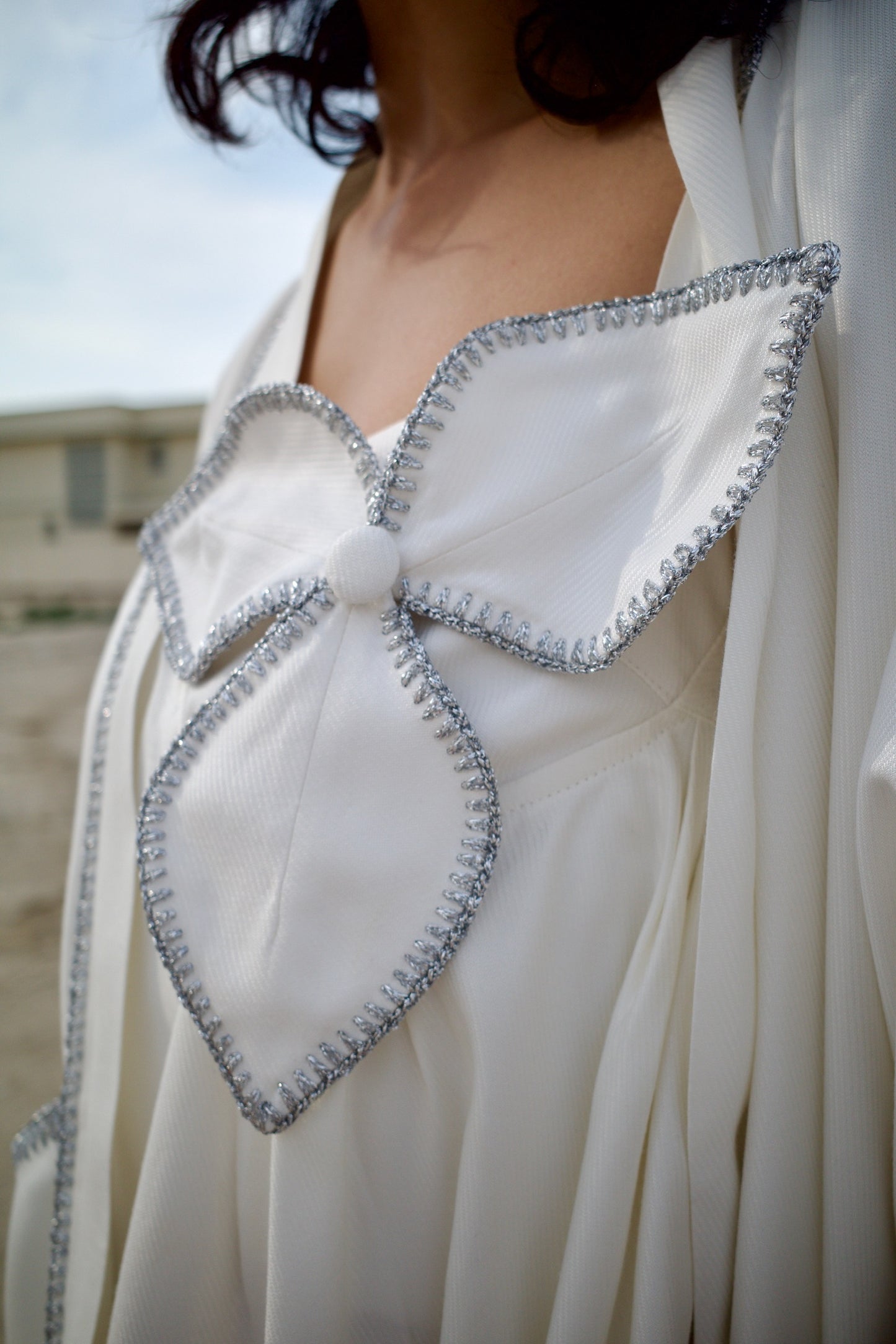 Silk jacquard abaya set with handmade crochet sleeves - White