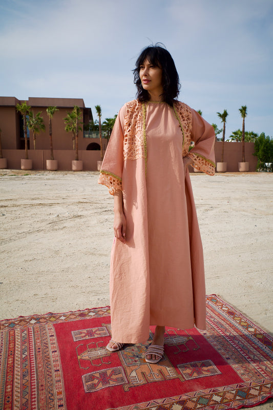 Raw silk abaya set with handmade crochet - Salmon pink