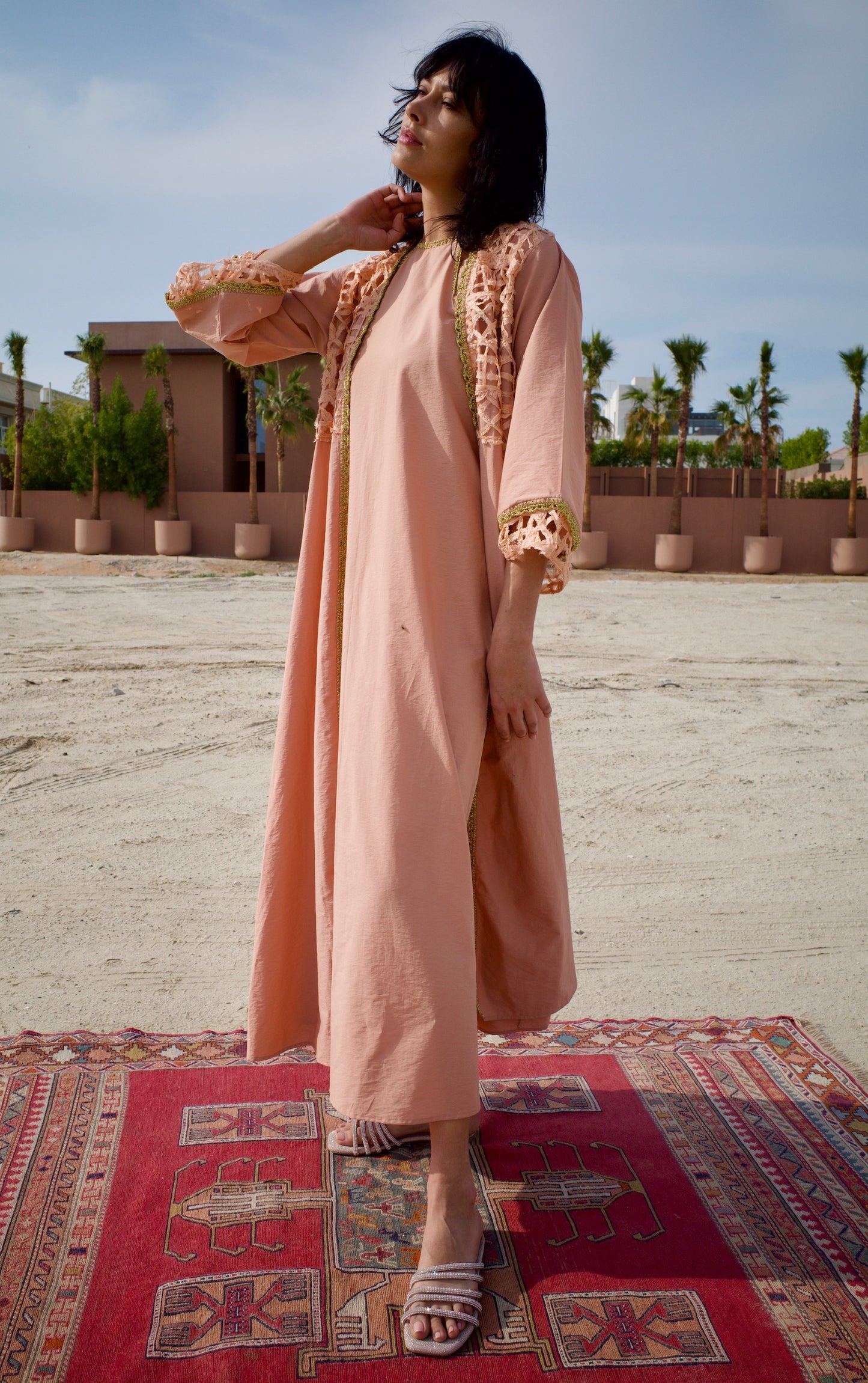 Raw silk abaya set with handmade crochet - Salmon pink