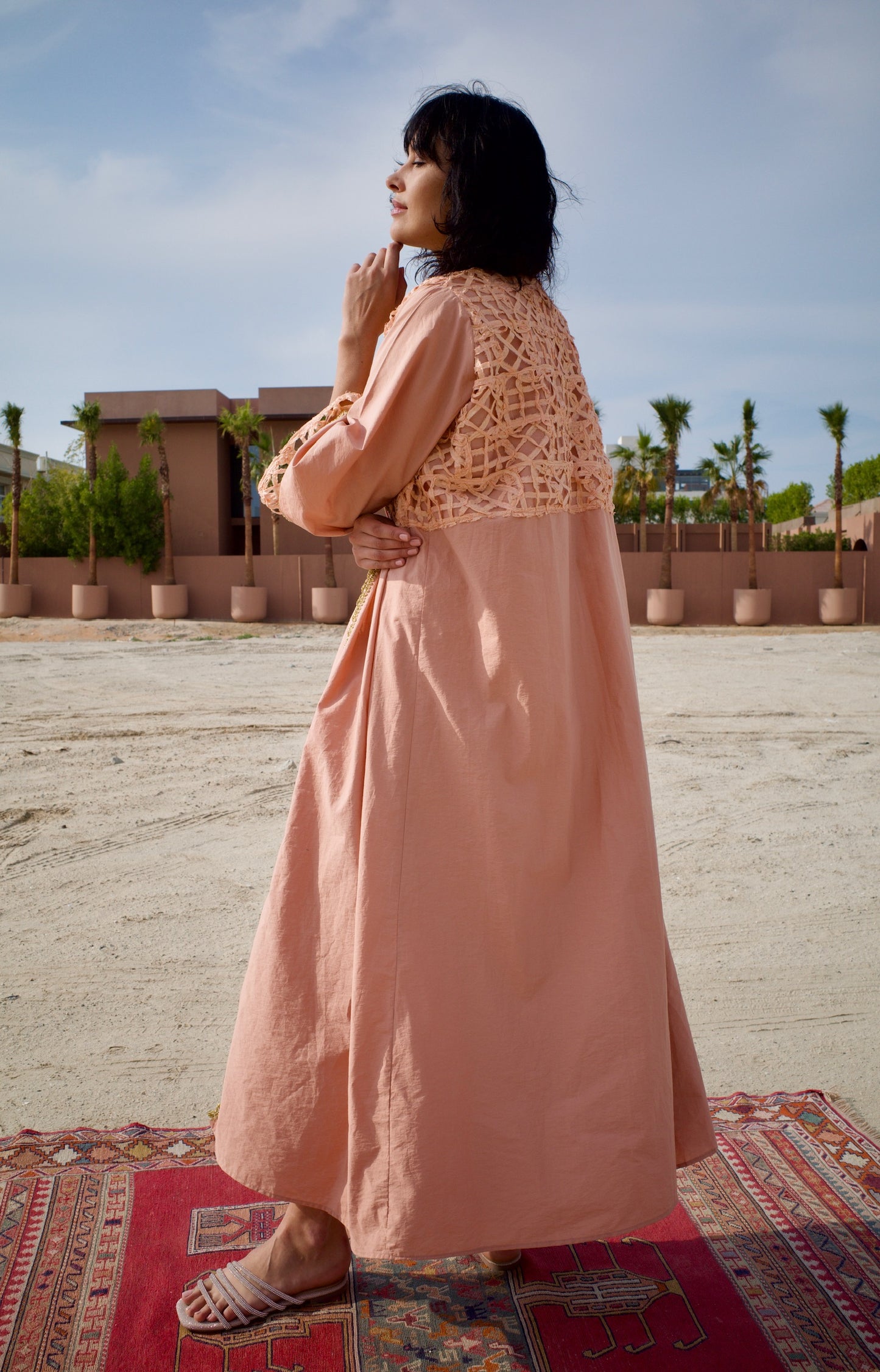 Raw silk abaya set with handmade crochet - Salmon pink