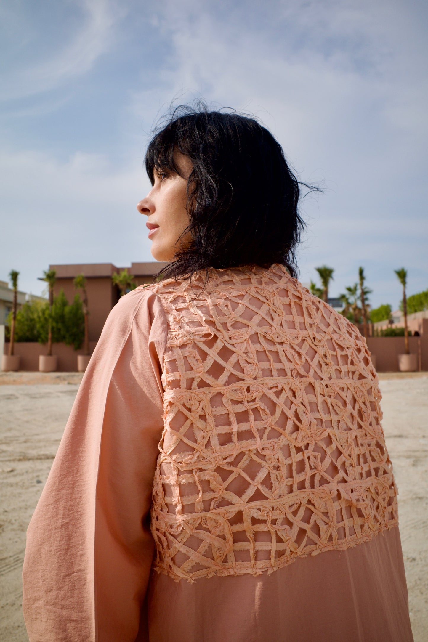 Raw silk abaya set with handmade crochet - Salmon pink