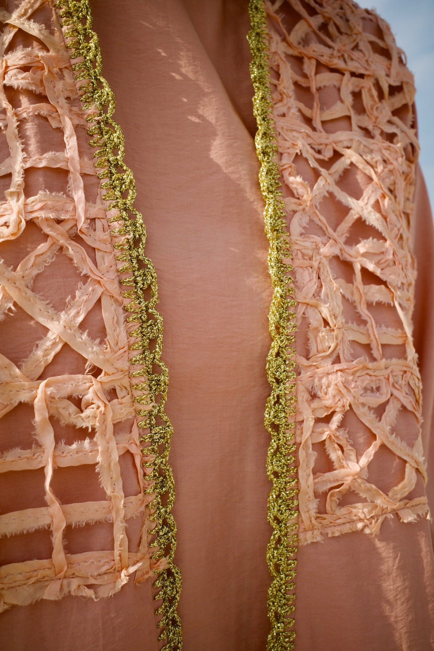 Raw silk abaya set with handmade crochet - Salmon pink