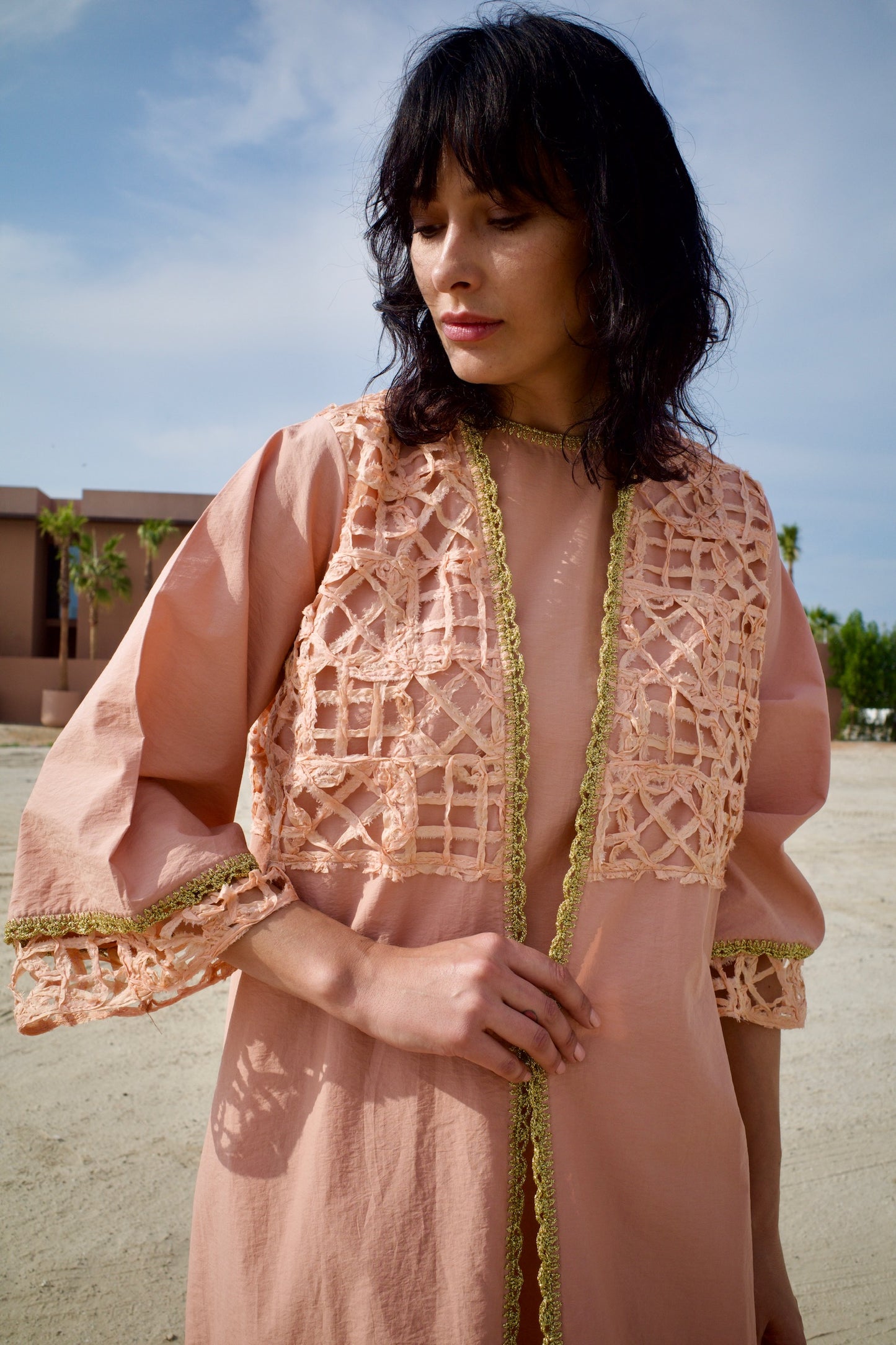 Raw silk abaya set with handmade crochet - Salmon pink