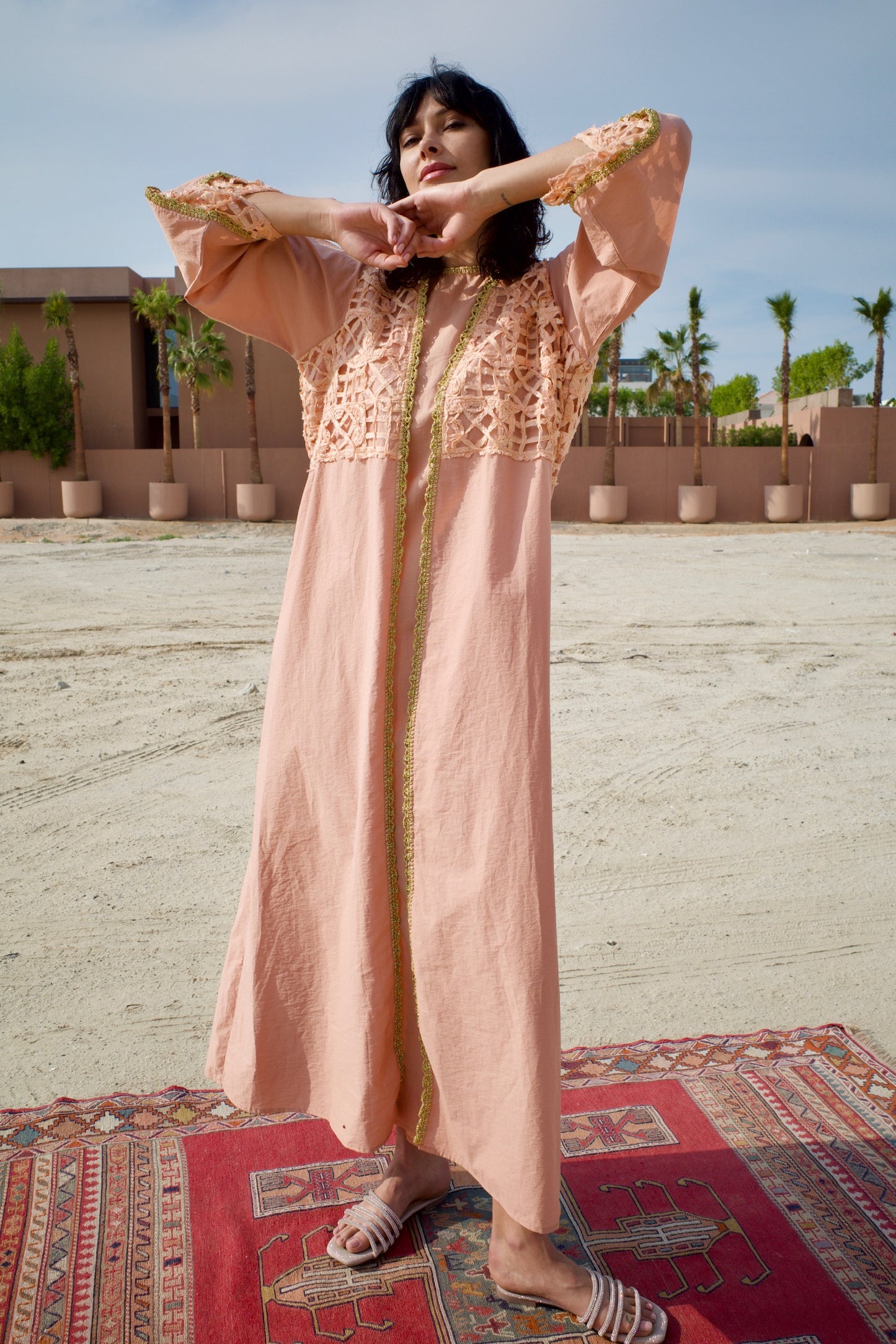 Raw silk abaya set with handmade crochet - Salmon pink
