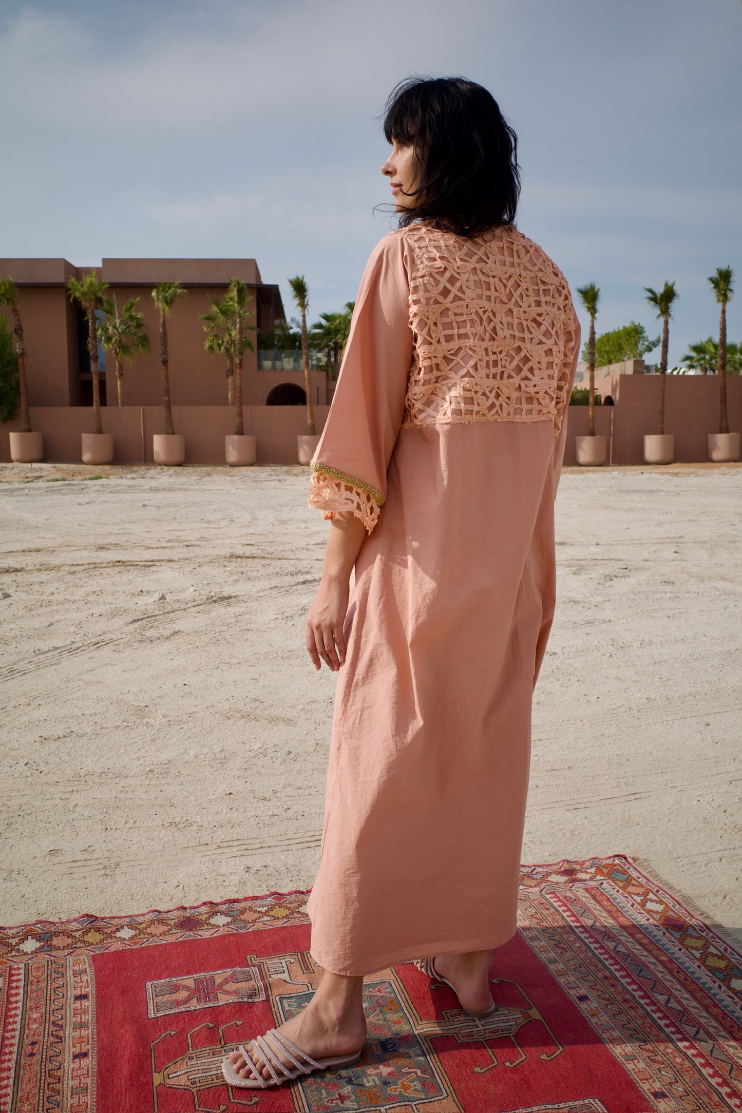 Raw silk abaya set with handmade crochet - Salmon pink